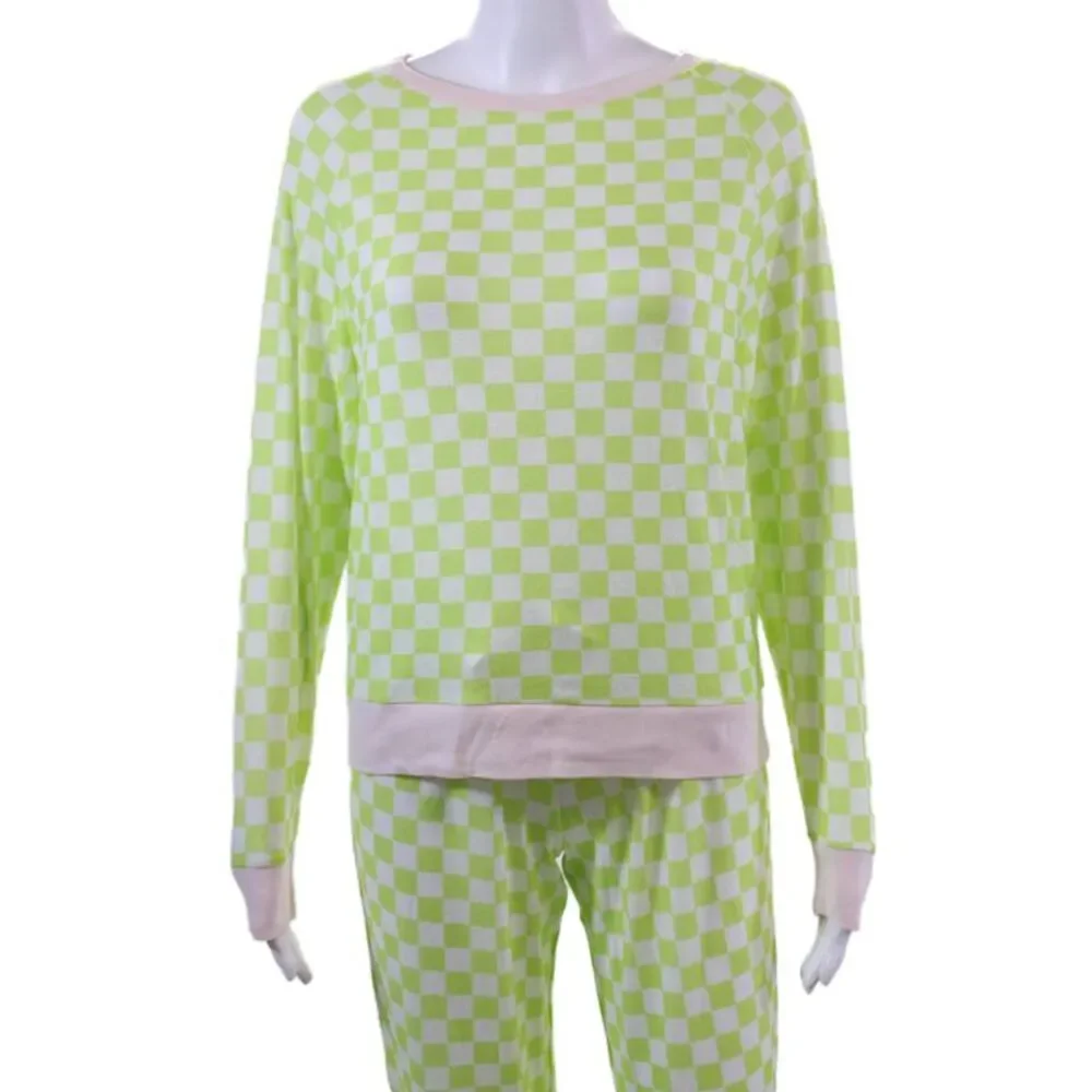 Honeydew Womens Checkered Print Long Sleeve Soft Pajama Set Green Sz XS
